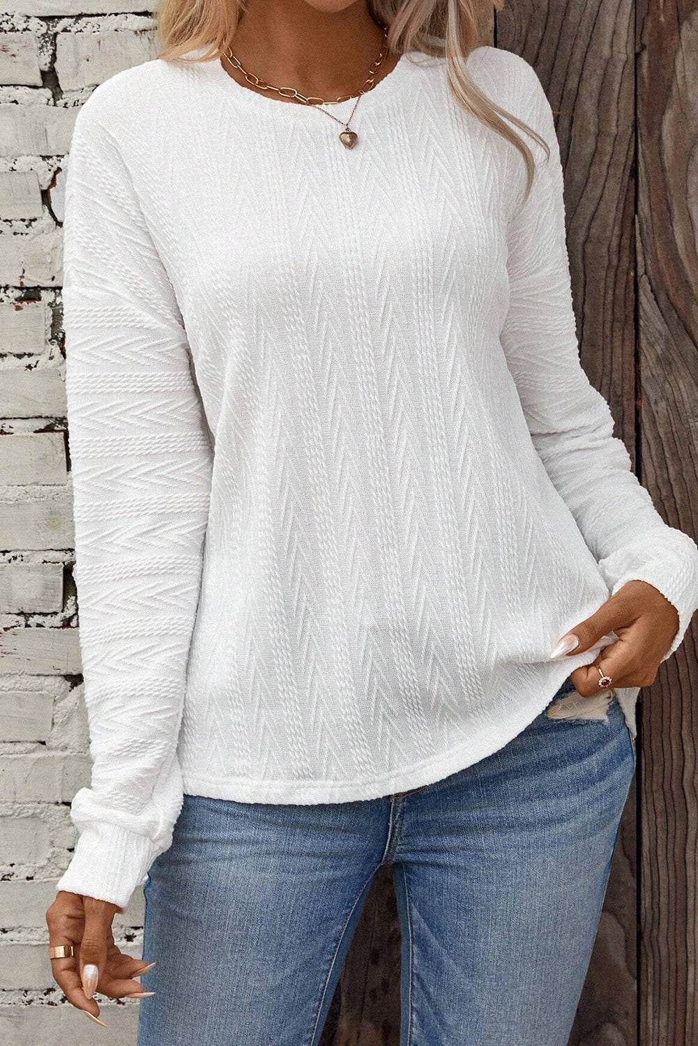 White Round Neck Drop Shoulder Textured Knit Top