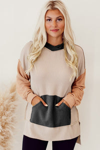 Smoke Gray Color Block High Low Textured Hoodie