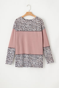 Light Pink Leopard Print Waffle Knit Patchwork Top