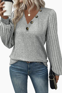 Light Grey Buttoned V Neck Ribbed Puff Sleeve Top