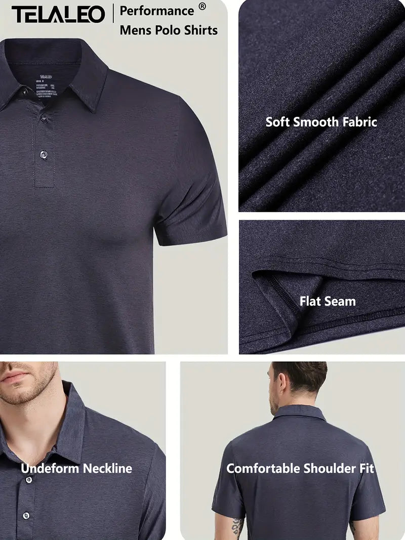 5pcs Men's Quick Dry Polo Shirt, Active Slightly Stretch Breathable Moisture Wicking Lapel Button Up Polo Shirt For Golf Outdoor