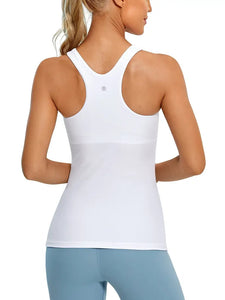 Women's High Round Neck Workout Tank Tops With Built In Bra, Racerback Athletic Sports Sleeveless Shirts,