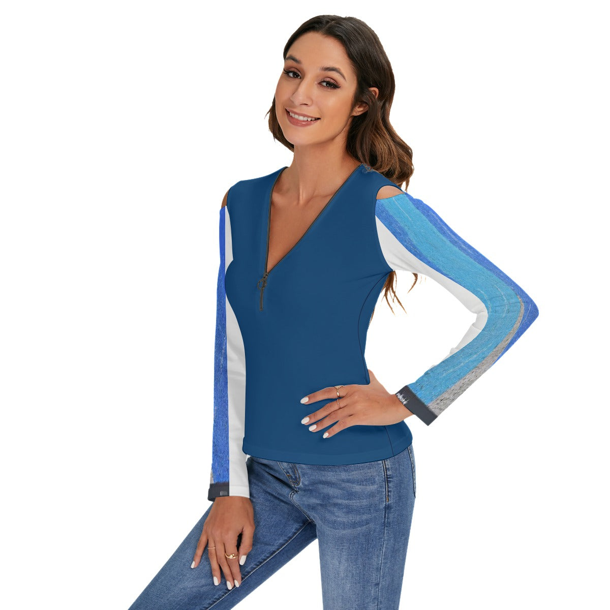 LB Jessica Blue Cold Shoulder Half Zip V-Neck Blouse