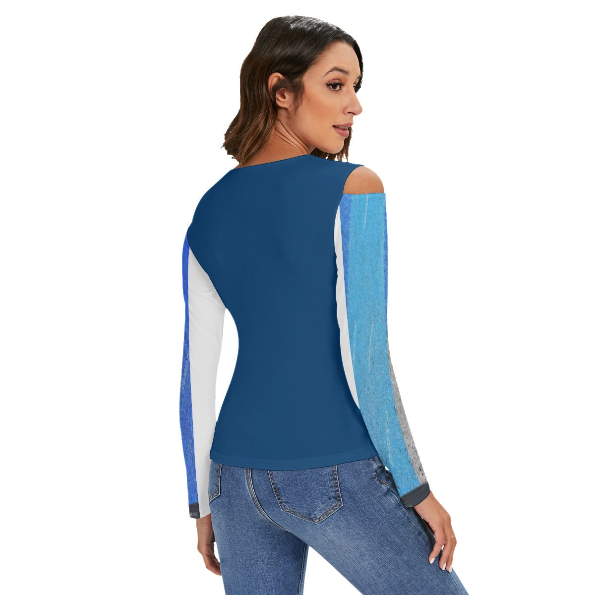 LB Jessica Blue Cold Shoulder Half Zip V-Neck Blouse