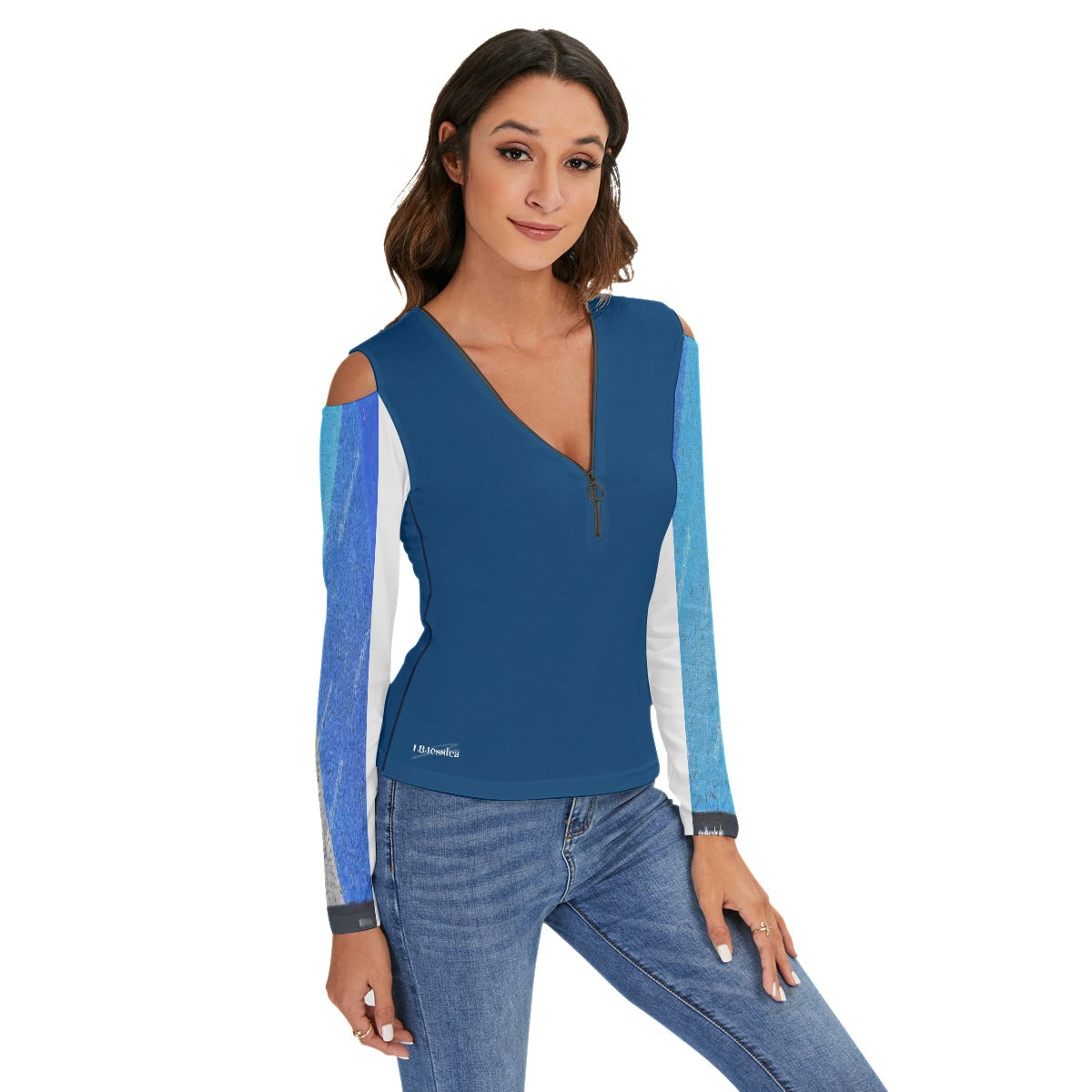 LB Jessica Blue Cold Shoulder Half Zip V-Neck Blouse