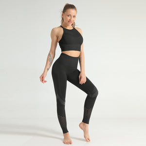 Two piece fitness set women contouring rib panels sasis crop top sport tights running yoga pants gym wear set fitness tracksuit
