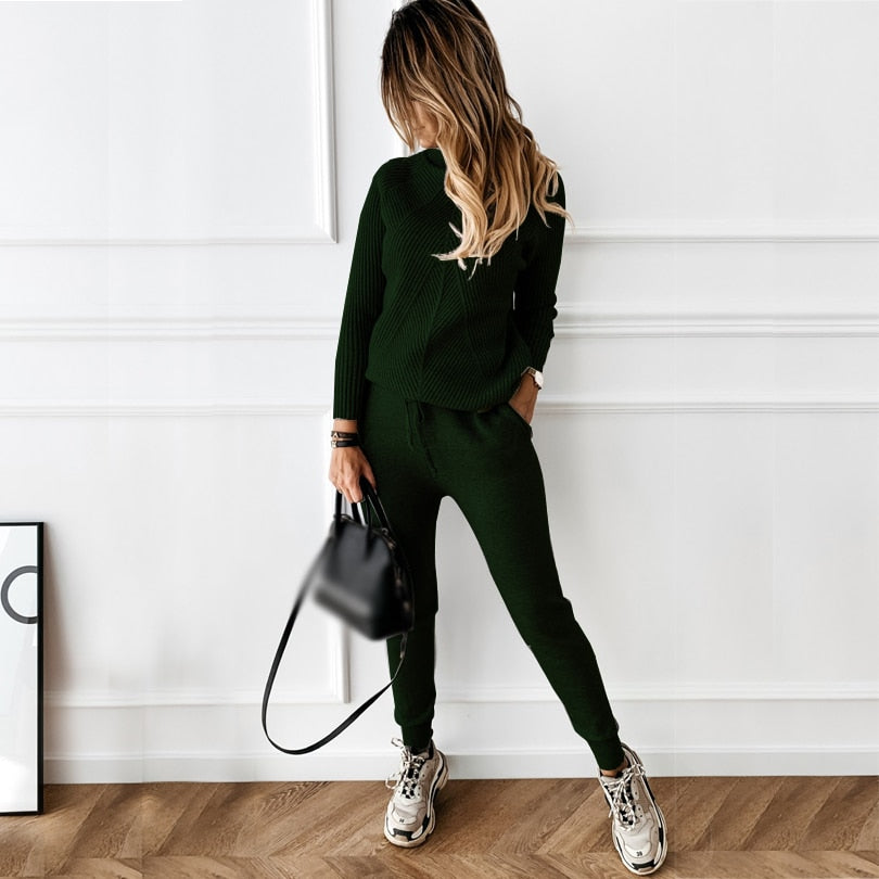 Winter Women's tracksuit Solid Color Striped Turtleneck Sweater and Elastic Trousers Suits Knitted Two Piece Set