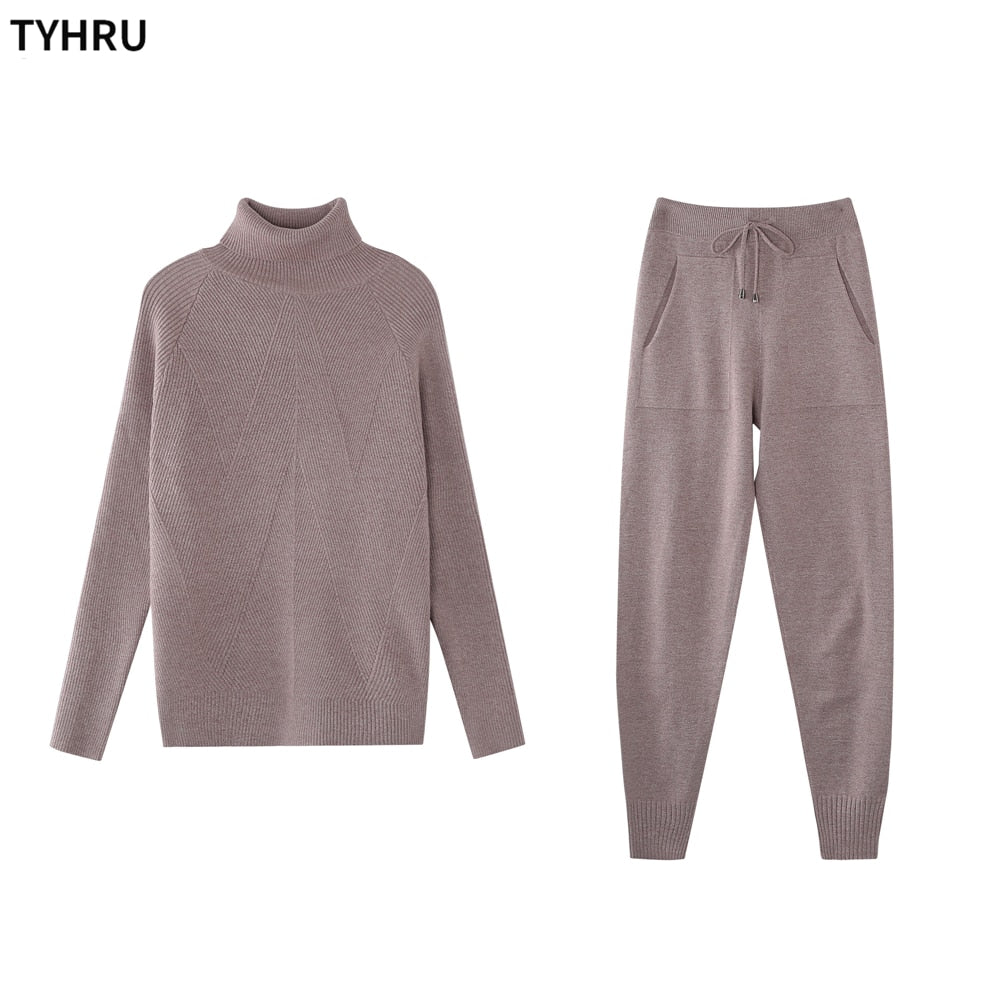 Winter Women's tracksuit Solid Color Striped Turtleneck Sweater and Elastic Trousers Suits Knitted Two Piece Set