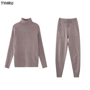 Winter Women's tracksuit Solid Color Striped Turtleneck Sweater and Elastic Trousers Suits Knitted Two Piece Set