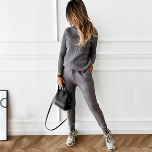 Winter Women's tracksuit Solid Color Striped Turtleneck Sweater and Elastic Trousers Suits Knitted Two Piece Set