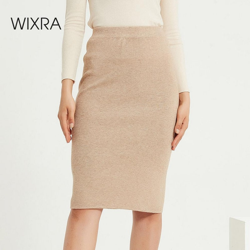 Wixra Womens Knitted Straight Skirts Solid Basic Ladies High Waist Knee-length Skirt Streetwear 2020 Autumn Winter New